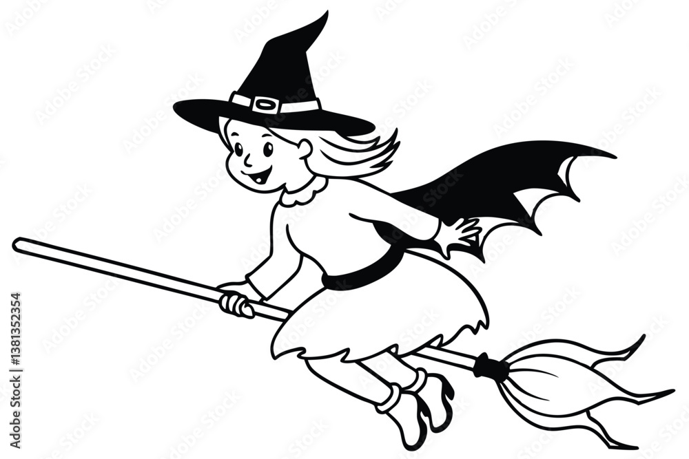 Fototapeta premium Cartoon Witch Girl Flying on Broomstick with Cape Isolated