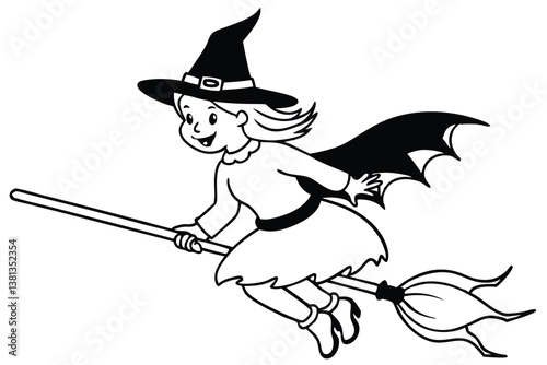 Cartoon Witch Girl Flying on Broomstick with Cape Isolated 