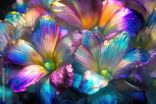 Close-up of iridescent flowers with vibrant, multicolored petals, exhibiting a surreal, dreamlike quality.