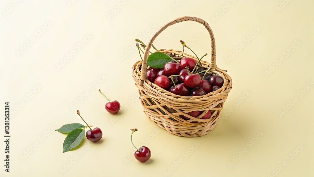 Ripe cherries in a rustic basket with scattered fruits and green leaves, healthy lifestyle concept against a soft yellow background with copy space Ripe cherries in a rustic basket with scattered fruits and green leaves, healthy lifestyle concept against a soft yellow background with copy space