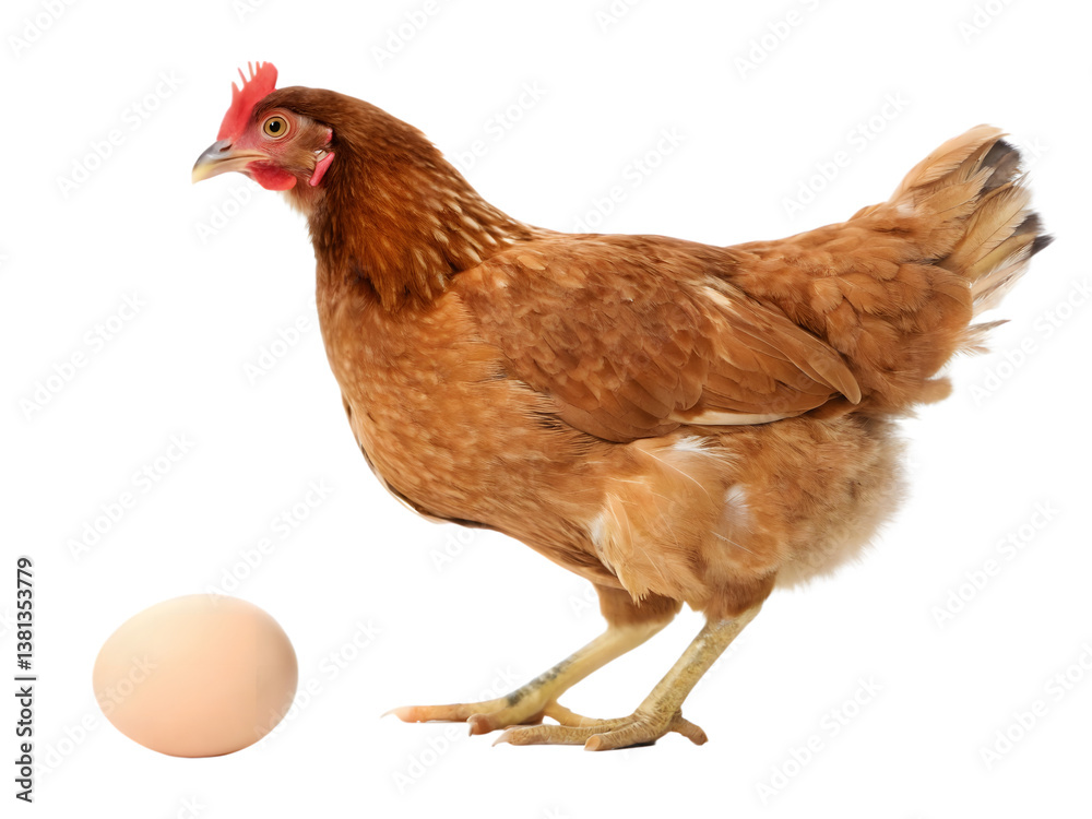 Fototapeta premium Brown Hen with Egg, Side View, on Transparent Background