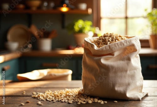 A burlap sack filled with oats sits on a rustic kitchen table