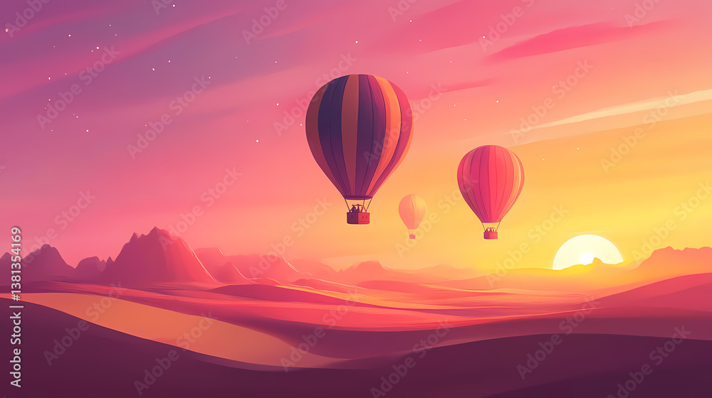 Fototapeta premium Breathtaking desert landscapes with vibrant hot air balloons drifting across the sky at sunset capturing the essence of adventure and. Drifting Essence. Illustration