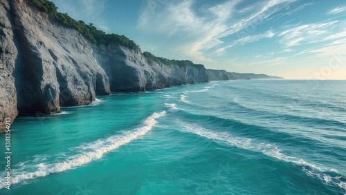 Indulge in the charm of the beach as you admire the azure sea and the rugged rocky cliff under the warm embrace of a sunny day, creating an ideal seaside escape.