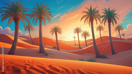Horizontal depiction of a sunrise in a desert landscape showcasing palm trees and sand dunes illuminated by warm sunlight.