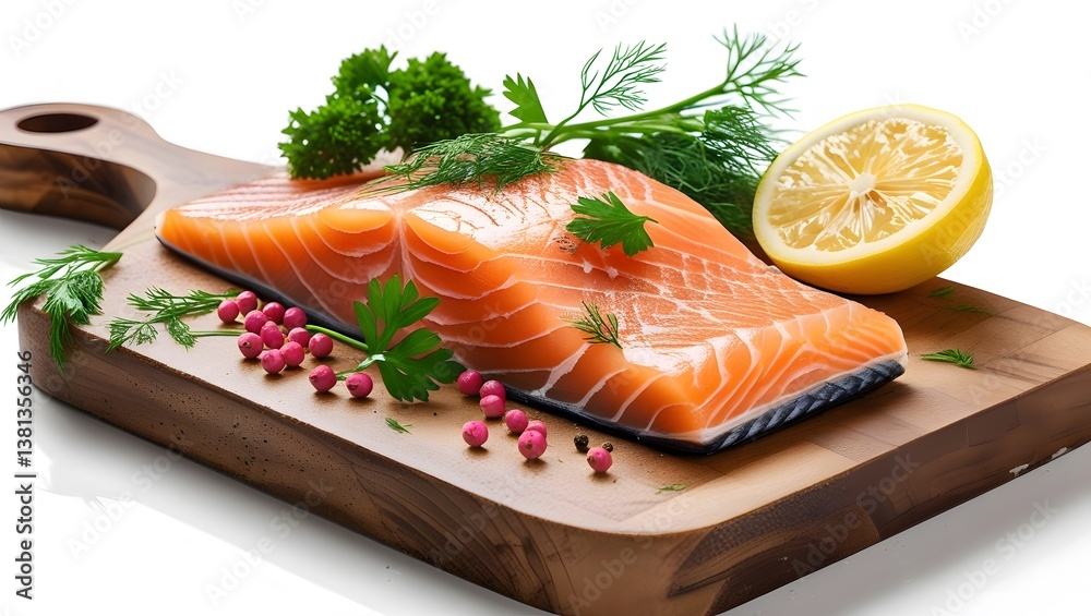 Fresh Salmon Fillet on Wooden Board with Lemon and Herbs Fresh Salmon Fillet on Wooden Board with Lemon and Herbs