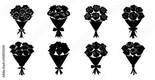 Collection of Eight Black Silhouettes of Rose Bouquets Tied with Ribbons
