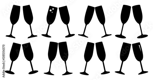 Collection of  Silhouette Images of Champagne Flutes Toasting Celebration Party New Year