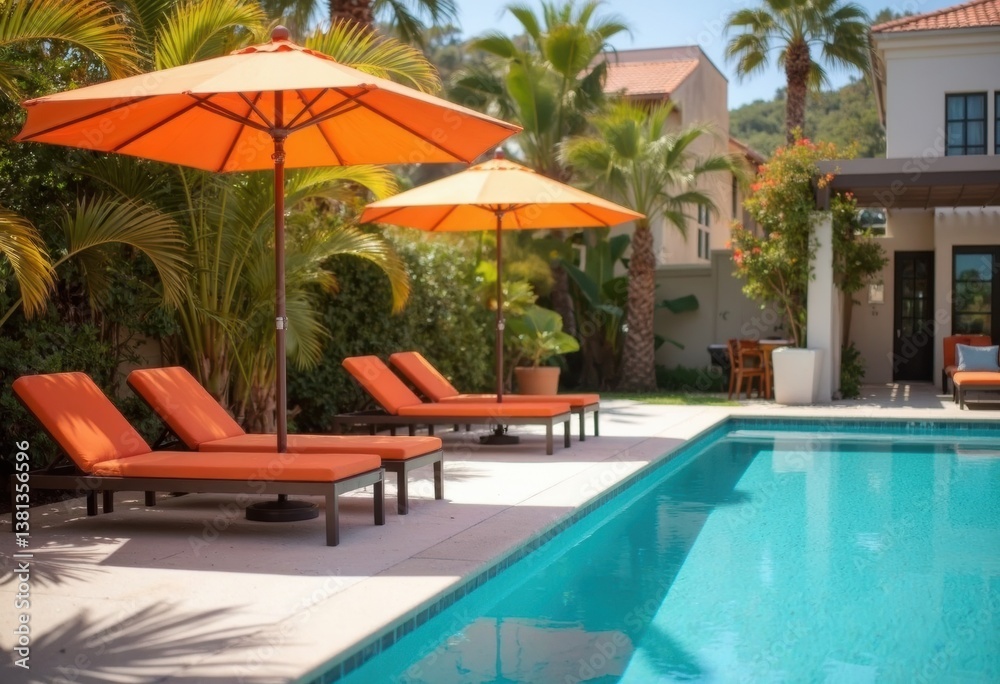 Fototapeta premium Relaxing poolside scene with orange umbrellas and lounge chairs