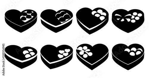 Eight Heart Shaped Chocolate Boxes with Different Candy Fillings Valentine's Day Sweets Collection