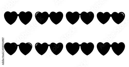 Collection of heartshaped sunglasses illustrations black silhouettes on white background