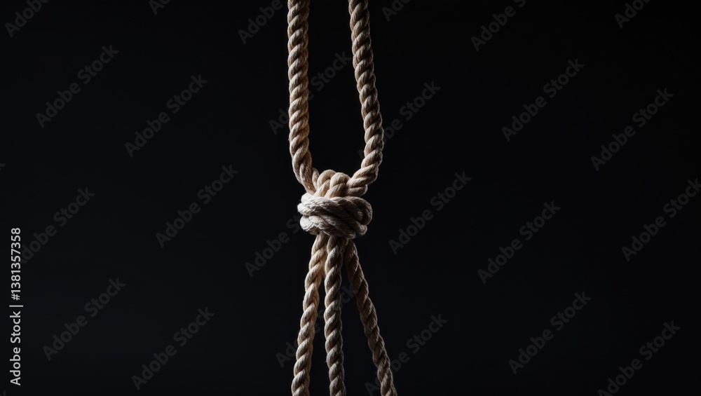 Hangman's loop against a dark backdrop. Capital punishment theme featuring a noose made from rope, set against a black background. Hangman's loop against a dark backdrop. Capital punishment theme featuring a noose made from rope, set against a black background.