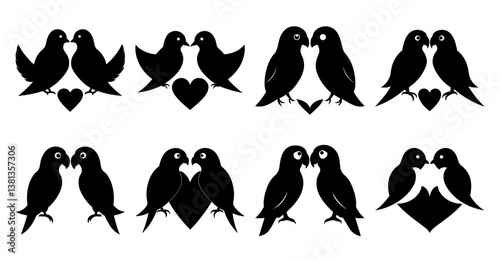 Collection of Eight Romantic Black Silhouettes of Birds in Love Perfect for Valentines Day Cards Wedding Invitations and Romantic Designs