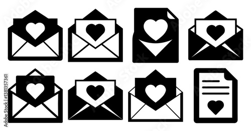 Collection of Love Letter Envelope and Note Icons Black and White Graphic Design Elements