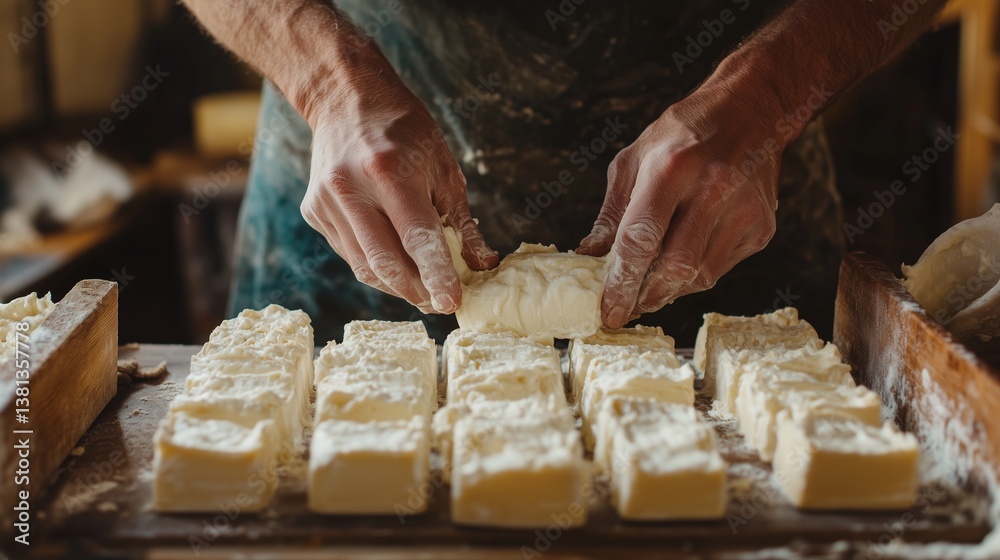 Close-up of hands shaping cheese in molds during the traditional cheese-making process at a private cheese factory. Close-up of hands shaping cheese in molds during the traditional cheese-making process at a private cheese factory.