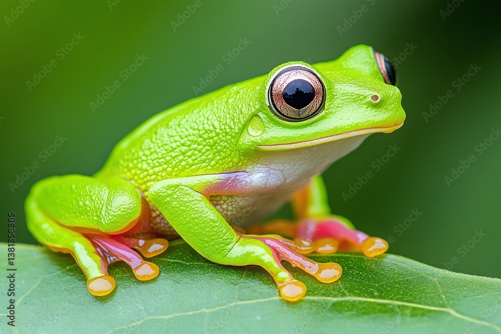 Neon green tree frog with big curious eyes, perched on leaf tip, minimal bluish background for tropical amphibian focus
Neon green tree frog with big curious eyes, perched on leaf tip, minimal bluish background for tropical amphibian focus