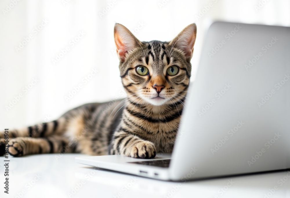 A curious tabby cat lounging on a laptop, looking directly at the camera A curious tabby cat lounging on a laptop, looking directly at the camera