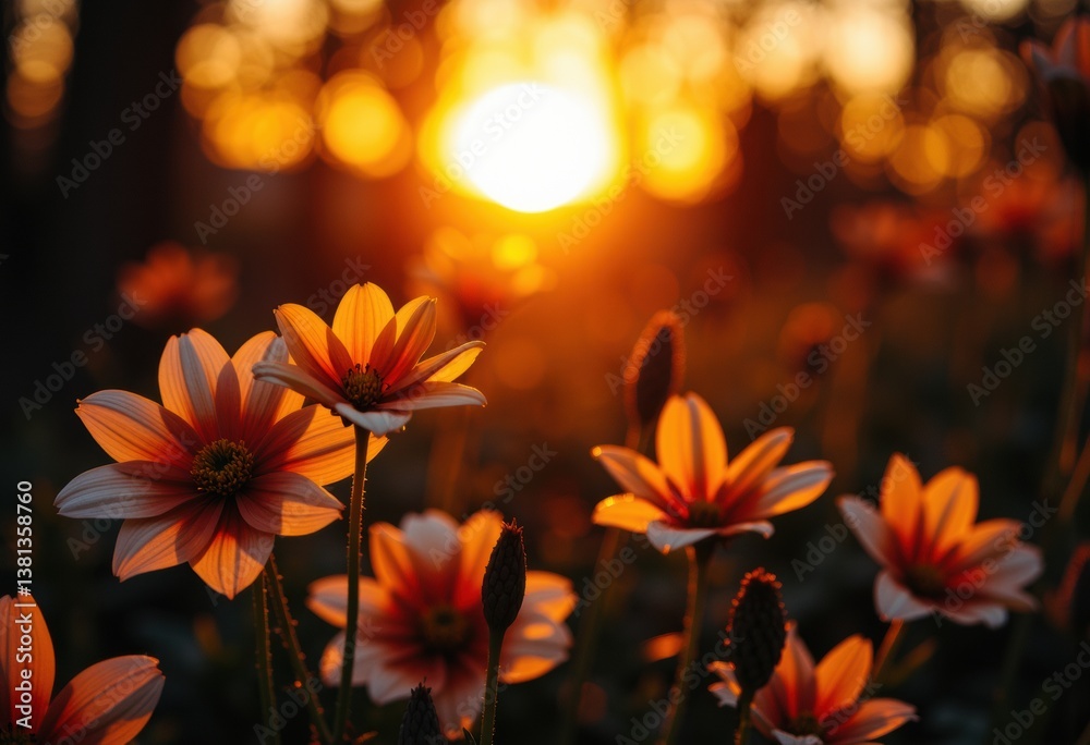 Naklejka premium Beautiful flowers illuminated by the warm glow of a sunset
