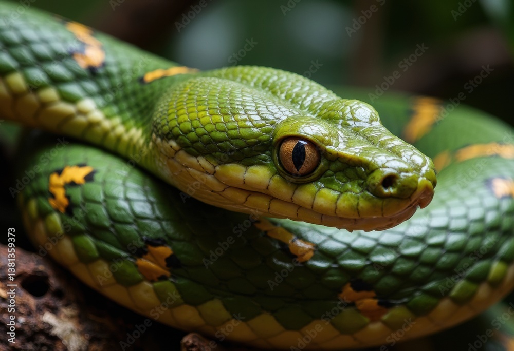 A close-up of a vibrant green tree snake resting on a branch A close-up of a vibrant green tree snake resting on a branch