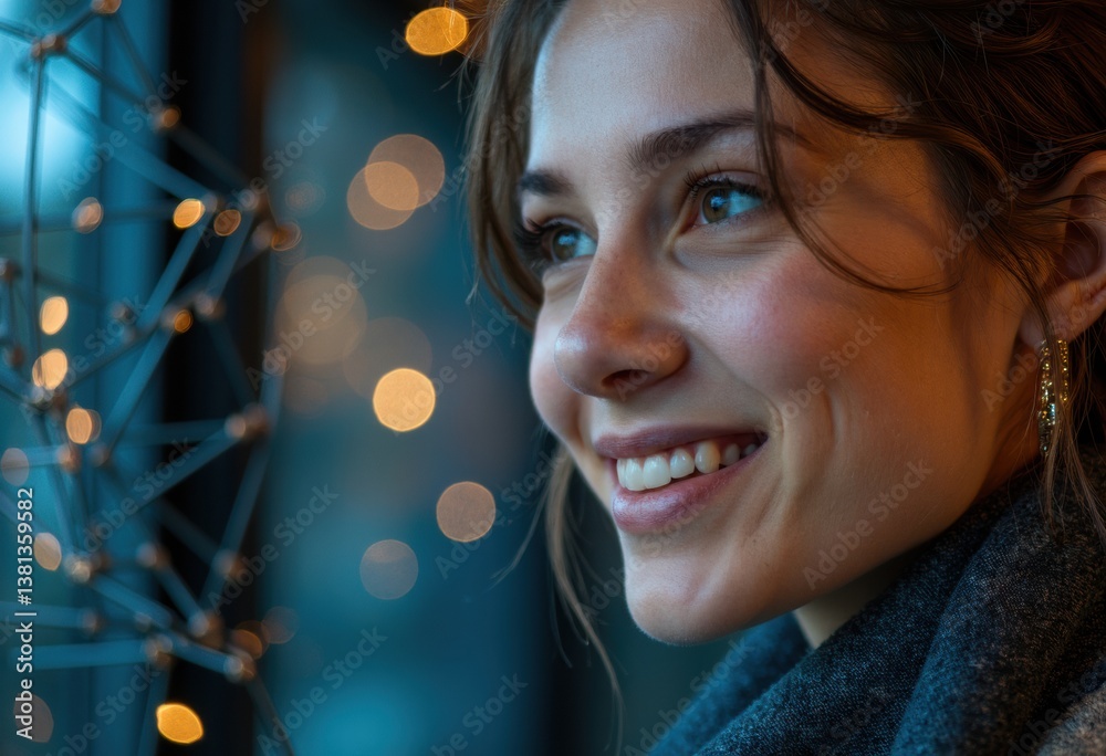 A young woman smiling warmly while gazing out a window with soft lights