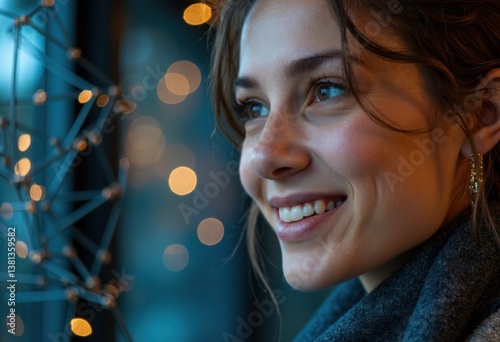 Obraz na płótnie A young woman smiling warmly while gazing out a window with soft lights w salonie