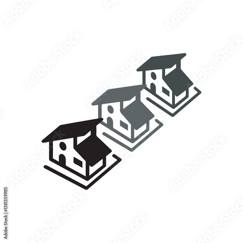 stylish black and white silhouettes of three modern houses in perspective view, representing real estate, housing communities and property investment. This vector is perfect for real estate branding.