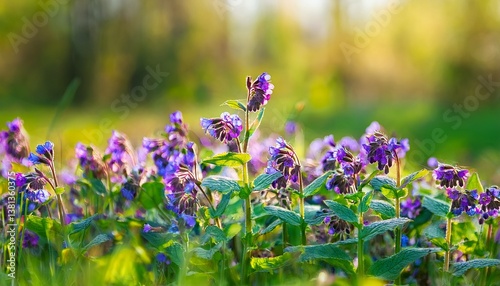 lungwort flower field food and drinks ingredient fresh medicinal pulmonaria obscura wild plant seasonal background blooming lungwort meadow background on summer sunny day tea and tincture herb