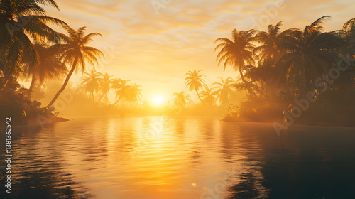 A peaceful tropical sunrise with the golden glow reflecting over the calm water, surrounded by lush palm trees and clear skies.