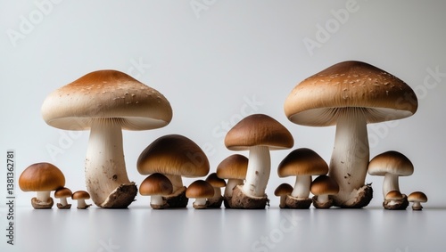 Group of mushrooms separated against a white background.