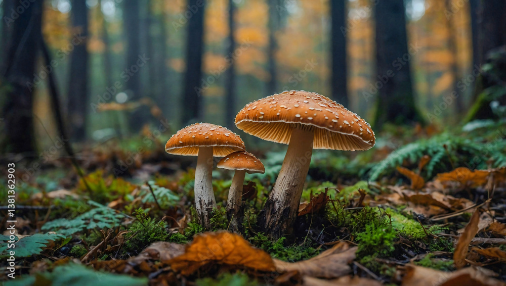 Mushrooms scattered on an autumn forest floor. Mushrooms scattered on an autumn forest floor.