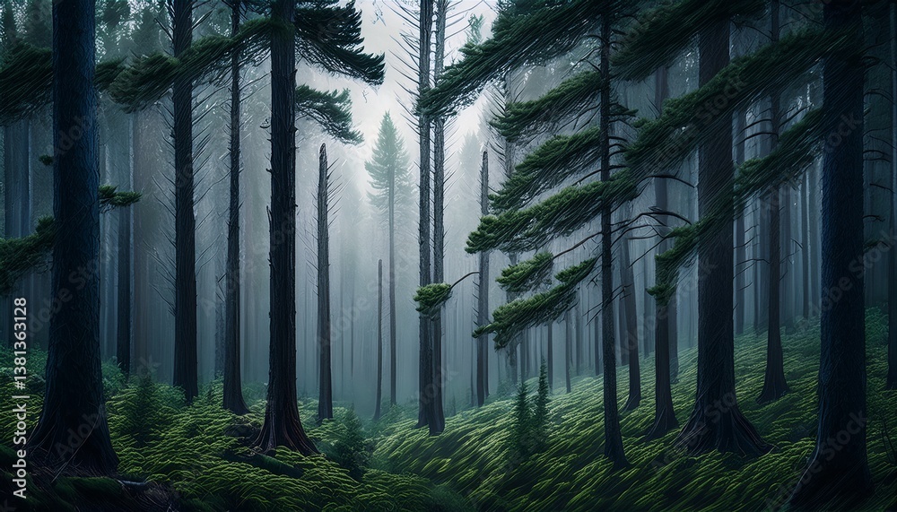 Obraz premium this artwork portrays a dense forest at twilight with thick strokes creating depth among misty trees deep greens and blacks establish a mysterious immersive atmosphere