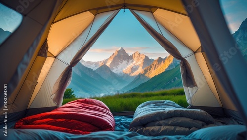 Morning scenery from tent, Camping with sleeping bags in the mountains.