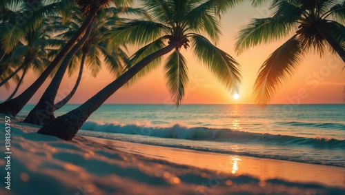 Fototapeta Naklejka Na Ścianę i Meble -  Sunset beach featuring palm trees and a stunning sky view. Travel, tourism, and vacation concept backdrop. Island paradise scene with beautiful silhouettes of coconut palms against the orange sun.