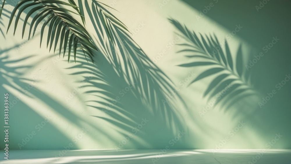 custom made wallpaper toronto digitalMint blue cement texture wall with shadows of leaf plants in the background. Flat lay of pastel color palm nature.