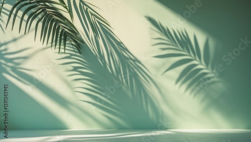 Fototapeta Naklejka Na Ścianę i Meble -  Mint blue cement texture wall with shadows of leaf plants in the background. Flat lay of pastel color palm nature.