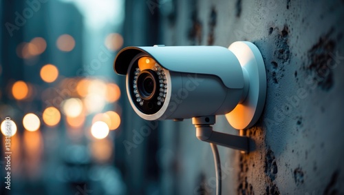 Modern CCTV camera mounted on a wall. A blurred backdrop of a night cityscape. Concept of monitoring and surveillance. photo