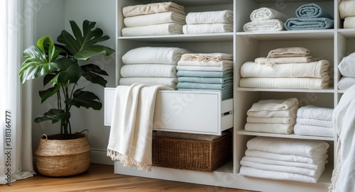 Neatly arranged linen storage on cupboard shelves with a basket organizer in the drawer. Stacked towels, pillows, plaids, and soft bedding sheets filling the cabinet for organization.