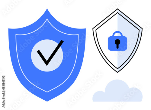 Blue shield with a check mark, black and white shield with a padlock, and cloud. Ideal for cybersecurity, data privacy, online security, protection, trust, digital safety cloud security concepts