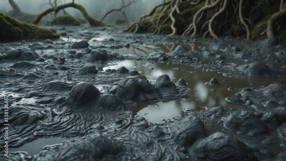 Fototapeta premium Mud texture or wet brown soil as a natural mixture of organic clay and geological sediment.