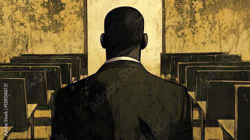 Back view of a man in a suit standing in an empty classroom with wooden chairs, conveying a sense of solitude and contemplation in a muted tone setting atmosphere