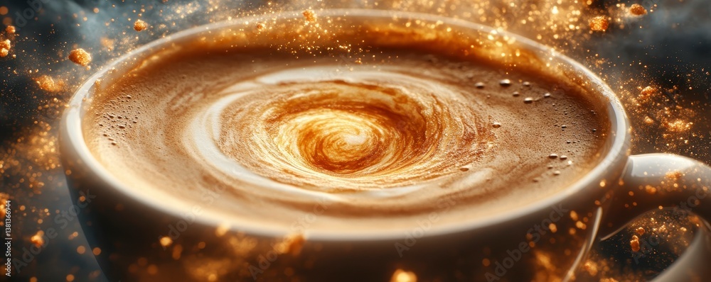 A swirling coffee cup with a galaxy-like pattern, featuring golden sparkles, evokes a cosmic experience in a warm beverage. A swirling coffee cup with a galaxy-like pattern, featuring golden sparkles, evokes a cosmic experience in a warm beverage.