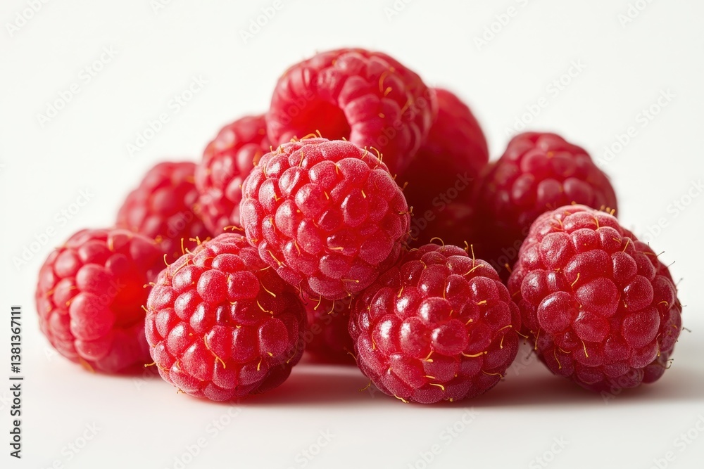 A pile of ripe and juicy red raspberries against white background A pile of ripe and juicy red raspberries against white background