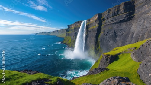 Migandifoss cascading into the ocean waterfall