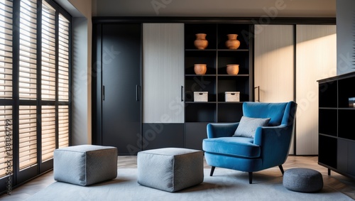 Modern interior featuring a cozy reading corner with a black bookcase, blue armchair, pouf, and a large window with blinds.
