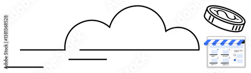 Cloud computing icon with outlines a coin above an online store interface. Ideal for e-commerce, digital transactions, cloud storage, online business, virtual sales, fintech, internet services