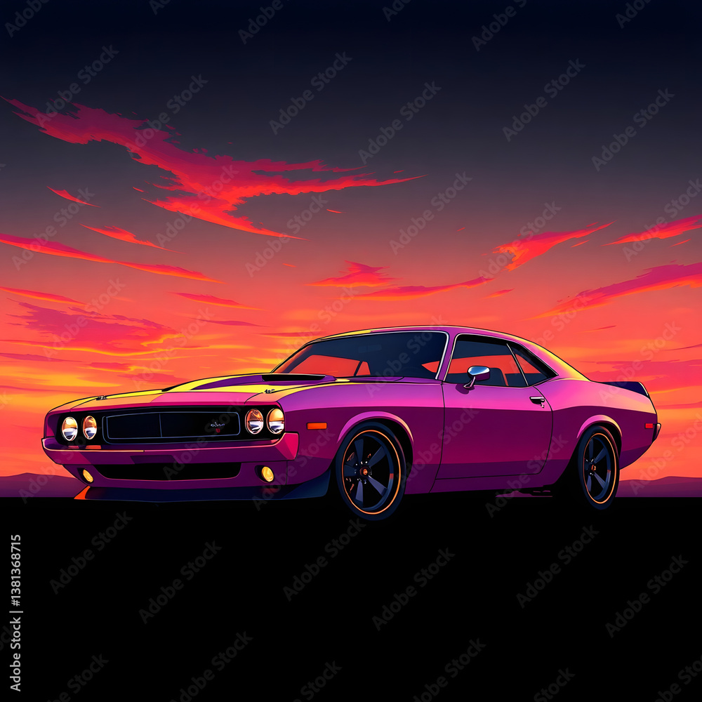 Naklejka premium Abstract futuristic sci-fi style illustration, smooth gradient transition, sleek muscle car with glossy finish against a sunset art illustration design