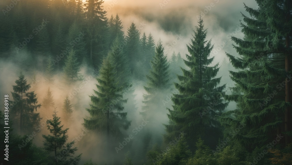 Misty landscape featuring a fir forest in a vintage retro style Misty landscape featuring a fir forest in a vintage retro style