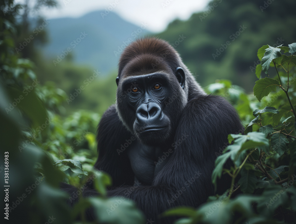 Silverback Mountain Gorilla Surrounded by Lush Greenery in Volcanoes National Park, Rwanda Silverback Mountain Gorilla Surrounded by Lush Greenery in Volcanoes National Park, Rwanda