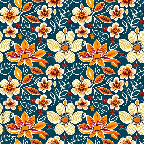Wallpaper Mural A pattern of yellow and orange flowers on a blue background. Torontodigital.ca