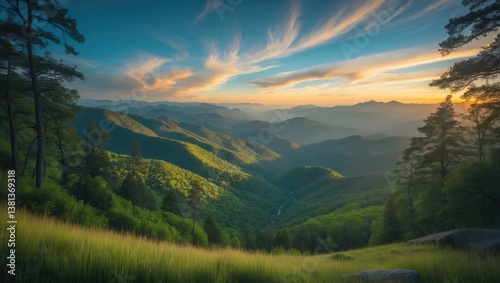 Mountain and blue sky. Morning sunrise or sunset in the mountains within a national park.